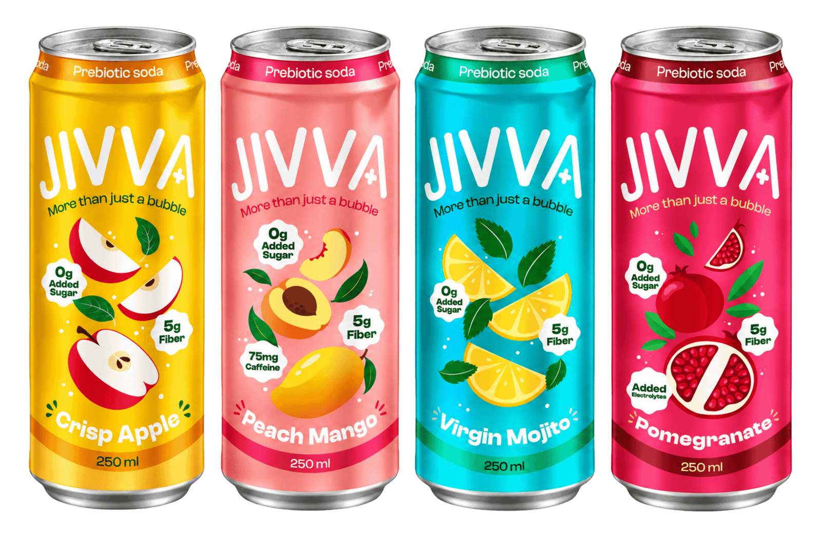 JIVVA prebiotic soda cans in Crisp Apple, Peach Mango, Virgin Mojito and Pomegranate flavours